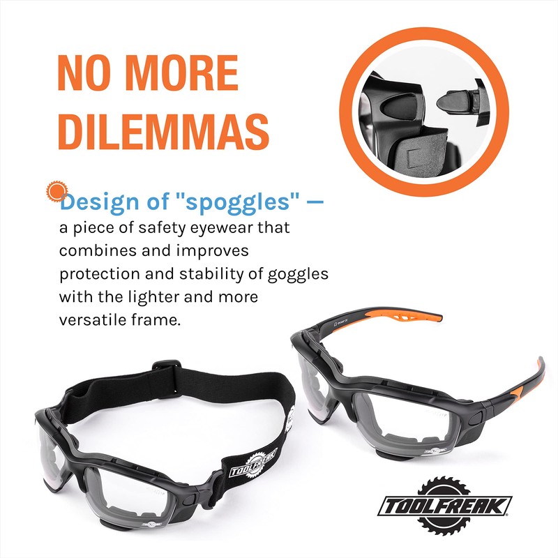 ToolFreak Spoggles Safety Glasses, EN166F Rated, Foam Padded, Clear Distortion