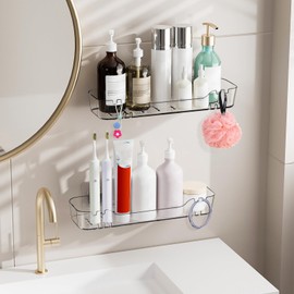 CGBE 2 Pack Adhesive Shower Caddies, Acrylic Wall Adhesive Shelves with Hidden Hooks, Bathroom Shelves No Drilling with Drainage, Wall Mount Adhesive Shelf for Bathroom, Kitchen - Medium