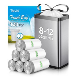 Teivio Code J（120Counts）Plastic Drawstring Trash Bags, Compatible with Simple human Code J, 8-12 Gallon/30-45 Liter, Medium kitchen trash bags, White