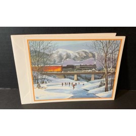 VTG American Artists Christmas Card UNUSED John Rogers Train Bridge Skaters Wave