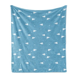 Ambesonne Cartoon Airplane Soft Flannel Fleece Throw Blanket, Fun Play Theme Paper Airplane Routes as Heart Shapes and Stars, Cozy Plush for Indoor and Outdoor Use, 50" x 70", White Blue