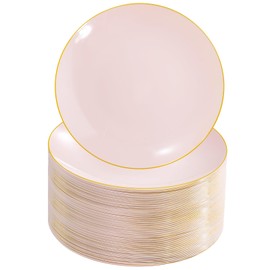 Nervure 100Pieces Pink Plastic Plates - 7.5inch Disposable Pink Salad/Dessert Plates - Heavy Duty Pink and Gold Plastic Plates Ideal for Wedding & Party