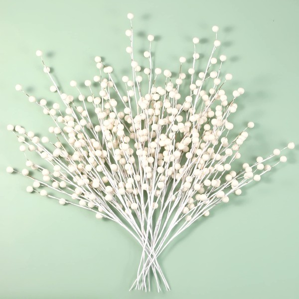 20 Pieces Christmas Artificial Holly Berries Picks Twig Stem Faux Flowers Winter Fake Berries Bunch for Christmas Tree Decorations and DIY Craft (White)