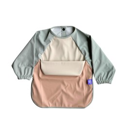 PixieTales Long Sleeve Bib for Babies & Toddlers, Double-Layer Food Catcher Pocket, Waterproof and Anti-Mess, 6-24 Months (Mint Beige)