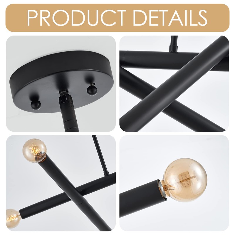 VANZARLA Black Sputnik Chandelier for Dining Room, Modern Pendant Light