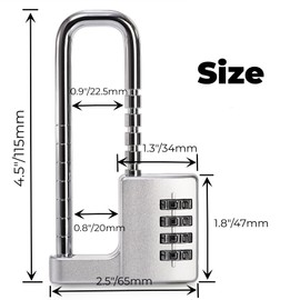 Hiceeden U Shaped Cabinet Combination Lock, 4 Digit Stainless Steel Padlock with Code, Adjustable Long Shackle Lock for Kitchen, Gym, School, Silver