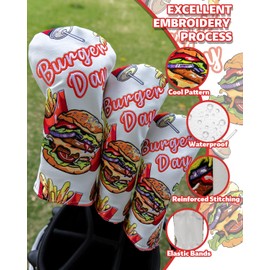 3 Pack Golf Club Head Covers, Funny Golf Headcovers for Drivers, Fairway Woods, Hybrids, Golf Club Set with Classic Burger Fries Design, Premium PU Leather and Advanced Embroidery for Most Brands