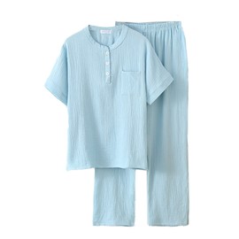 Women's Pajamas, Room Wear, Plain, 100% Cotton, Marshmallow Double Layered Gauze, Good Texture, Top and Bottom Long Sleeve, Cute, Loungewear, Sleepwear, Light blue short sleeve, XL