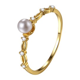 Oidea Gold Plated Pearl Rings for Women: Elegant Cubic Zirconia Single Pearl Pinky Ring Stacking Statement Promise Wedding Band Thumb Ring Jewelry Gift, Size 7