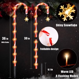 20 Pack 36" Candy Cane Lights Outdoor Pathway Real 30" Tall Candy Cane Pathway Lights, 62FT Christmas Decorations Outside, 8 Falshing Modes Christmas Candy Cane Lights, 30V Warm LED Lights Snowflake