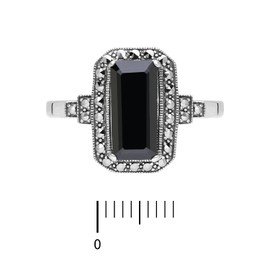 Esse Marcasite Sterling Silver Large Octagon Black Spinel & Marcasite Art Deco Statement Ring (O)