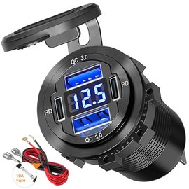 Dual PD USB C Ports & Dual USB Quick Charge 3.0 Ports Car Charger Socket, Aluminum Alloy Waterproof 12V Outlet, Accessories for Car Boat Marine Motorcycle RV ATV Truck Golf Cart