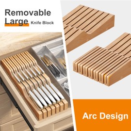 In-Drawer Knife Block Organizer - Bamboo Wood Drawer Knife Holder-Protecting Knife Organizer Block Holds Up To 13 Knives