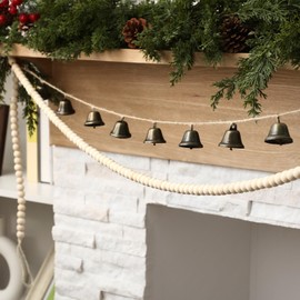Roowest 13FT Rustic Christmas Bells Garland with Wood Beads Garland Rustic Farmhouse Mantlepiece Ornaments Vintage Christmas Decor Wall Hanging Holiday Decorations