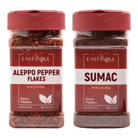 Aleppo Pepper and Sumac, Aleppo Pepper Flakes 5.3oz, Sumac Spice 6.4oz, Spice Set of Pul Biber and Sumak Seasoning, Moderate Heat Crushed Turkish Red Chili, Spice Buddies