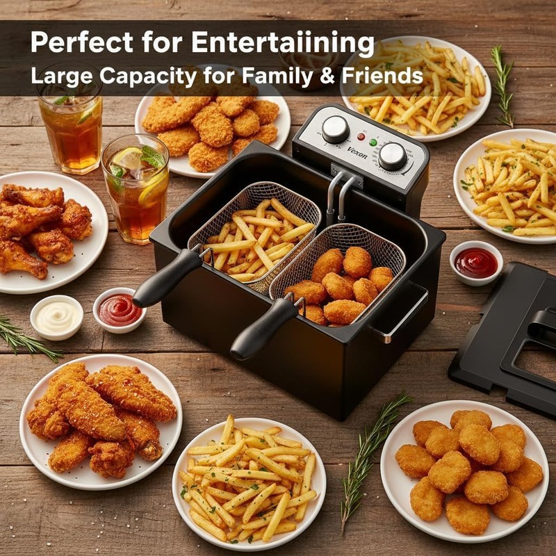 Vexon Large Electric Deep Fryer 4.9L/20 Cups, 1800W Black Stainless