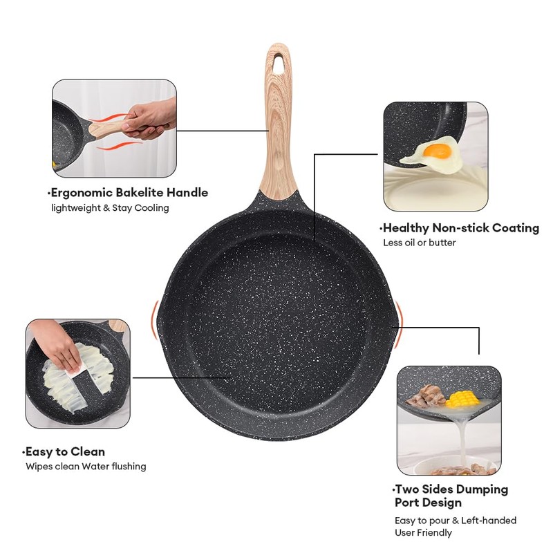 JEETEE Nonstick Frying Pans Skillet with Lid, 8" Granite Non-Stick