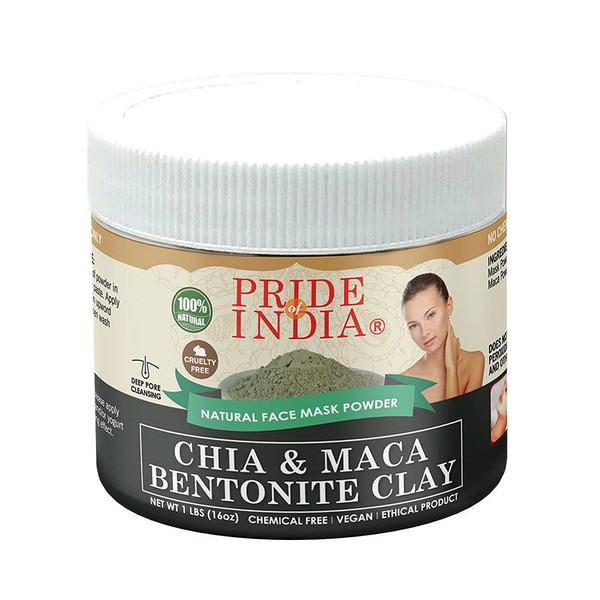 Pride Of India Chia & Maca Bentonite Clay Natural Face Mask Powder, 1 Pound (454gm) Jar