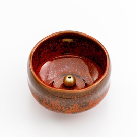 Asayu Japanese Incense Holder for Sticks 3.54 inch (90mm), Traditional Made in Japan Ceramic Ash Catcher and Brass Incense Burner Set - Orange Bowl