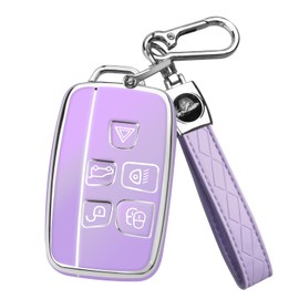 FT FUNTOR Car Key Cover for Range Rover,Suitable for LR4 Range Rover Sport Evoque Jaguar XJ F-pace,5 Buttons TPU for Jaguar Key Fob Case with Silver Edge (Purple)