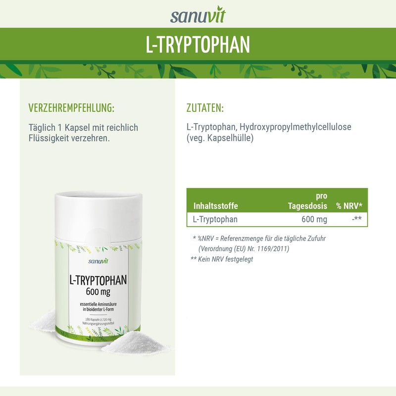 Sanuvit® - L-Tryptophan 600 mg per capsule, high dose, amino