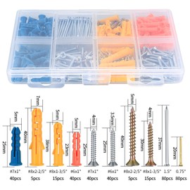 360 Pcs Drywall Anchors and Screws and Nails Kit, Chipboard Wall Fish Type Wall Plugs, Plasterboard Mount Flat Head Self Tapping Fixings Wood Plugs and Screws and Nails