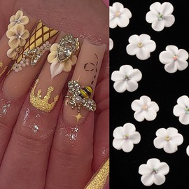6Pcs 3D Handmade Flower Rhinestones White Acrylic Flower Nail Art Charms 2025 INS Trendy handcarved Flower Sculpted White Petal Floral Nail Decoration Summer Spring DIY Nail Crafts (Nail Flower-04)