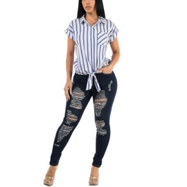 Moda Xpress Womens Juniors Stretchy Distressed Mid Rise Dark Blue Skinny Jeans 10324U