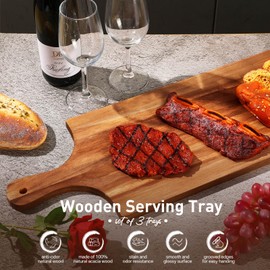 Bokon 2 Pcs 36 x 9 Inch Acacia Wooden Charcuterie Boards Acacia Serving Board with Handle Rectangular Acacia Wood Tray Wooden Serving Platter Natural Wood Server for Cheese Food