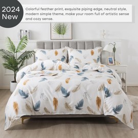 Lemfux 100% Cotton Feather Print White Duvet Cover Set, Colorful Plume Pattern Modern Neutral Comforter Cover Set with Metal Zippers, Luxury Cosy Hotel House Designer Bedding Set, Twin XL Size, 3Pcs