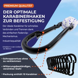 FLAGLY Carabiner Hook Black Large 80 x 8 mm Steel – Pack of 10 – Industrial Quality Similar to DIN 5299 Shape: C, Load Capacity = 140 kg, Breaking Load = 280 kg, Large Carabiner Black