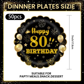 HFBOBP 50Pcs 80th Birthday Party Paper Plates,7inch Disposable Black and Gold Scalloped Dessert Tableware for Wedding Anniversary Reception Event Decorations
