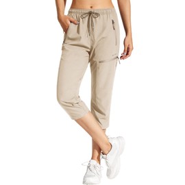 MOCOLY Women's Hiking Capris Pants Outdoor Lightweight Quick Dry Water Resistant UPF 50 Cargo Pants with Zipper Pockets Khaik XL