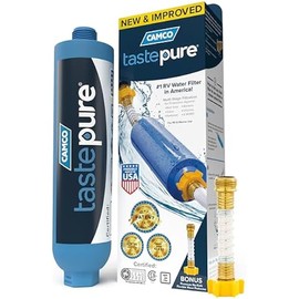 Camco Tastepure RV Water Filter - New & Advanced RV Inline Water Filter with Flexible Hose Protector - GAC & KDF Filtration - Made in USA - Camping Essentials for Fresh Drinking Water (40043)