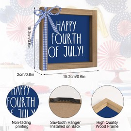 pechpell Happy Fourth of July Sign, 6x6 Inch Rustic Wood Framed 4th of July Independence Day Patriotic Decor, Americana Decoration for Home Table Tiered Tray Office Indoor