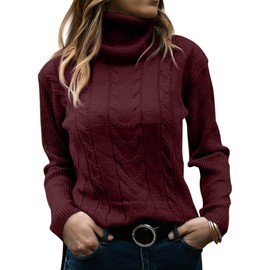 GeGekoko Womens Turtleneck Sweaters Cable Knit Long Sleeve Tops Pullover Soft Jumper Wine