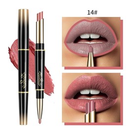 Lápiz Labial Y Delineador de Labios de Doble Punta 2 en 1, Lápices Labiales de Larga Duración Labial Mate Lápiz Labial Resistente Al Agua, lip Liner de Terciopelo (#14, 2in1)
