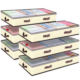 Budding Joy 6 Pack 90L Under bed Storage Containers Organizer Large Capacity Underbed Clothes Storage Bins Organization and Storage Bedroom Foldable Storage Bags with Clear Window Beige