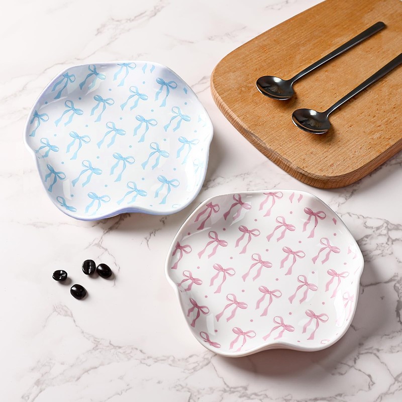 WEIMU 2pcs Ceramic Bow Spoon Rest Pink and Blue Cooking