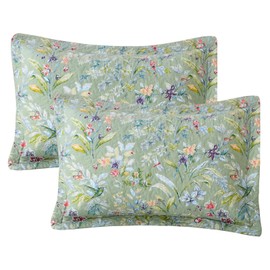 Sanracie Green Floral Queen Size Quilted Pillow Shams Set of 2 (20"x30"), 100% Cotton Green Bird Butterfly Print Pattern Quilted Bed Pillow Covers Envelope Closure Breathable Soft Pillowcases