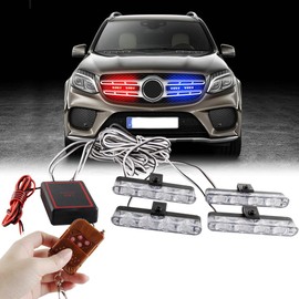 Sidaqi 4 in 1 16LED Red&Blue Emergency Strobe Lights for Vehicles with Wireless Remote Control Police Lights for Car,Flashing Warning Grille Lights for Truck Motorcycle Vehicle 12V