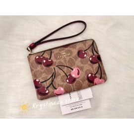 Coach Corner Zip Wristlet In Signature Canvas With Cherry Print CZ450 Tan Multi