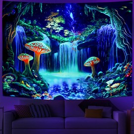 Ameyahud Blacklight Fantasy Forest Tapestry UV Reactive Waterfall Tapestry Mushroom Tapestry Starry Sky Tapestry Neon Nature Plant Tapestry Wall Hanging Decor for Home