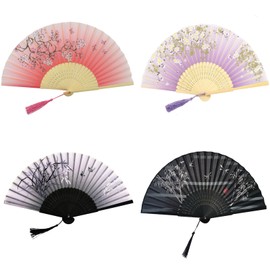 CasaVibe 4 Pieces Handheld Bamboo Fans, Silk Folding Fans with Bamboo Frames for Dancing Cosplay Wedding Party Props Decoration