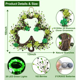 St Patricks Day Decorations, Shamrocks Wreath for Front Door, 20 Green Lights Battery Operated 18 Inch 10 Shamrocks 162 Berries Battery Operated Spring Artificial Wreath St. Patrick's Day Decor Indoor