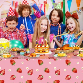 2 Pcs Strawberry Tablecloth - Pink Berry Table Cloth, Disposable Plastic Fruit Themed Strawberries Table Cover for Strawberry Birthday Decorations Party Supplise Tables Decor Favors, 108 x 54 Inch