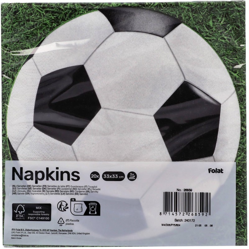 Folat 26859 Napkins Football Pack of 20, Multi-Colour