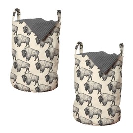 Lunarable Bison Laundry Bag Pack of 2, Repeated Furry American Buffalos Sketch Designed in Vintage Style, Hamper Basket with Handles Drawstring Closure, 13" x 19", Champagne and Charcoal Grey