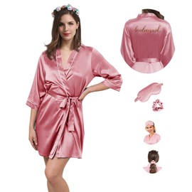 Y WJing Yi Jia Women's Silk Bridesmaid Robe Ladies Satin Bride Robe For Wedding Party With Eye Mask and Scrunchie 3 In 1 Set Monograms Print Bridal Robes Sleepwear