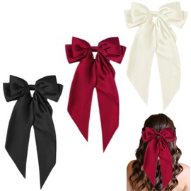 Xnovies 3Pcs Big Hair Bows, Big Bow Clips with Long Silky Satin, Hair Ribbons Barrettes Bowknot Clips for Women Big Oversized Long Tail, Black White Red Hair Bow for Adults Hair Accessories